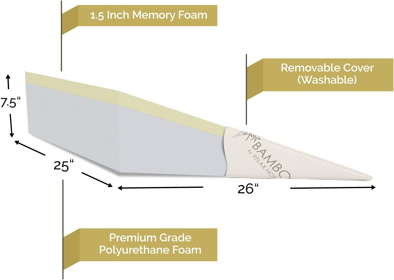 Relax Home Life 7.5 Inch Bed Wedge Pillow for Acid Reflux, 1.5 Inch Memory Foam Top with Bamboo Cover, 25" W x 26" L x 7.5" H, White: Home & Kitchen