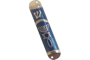 Holy Land Market Messianic Seal Holy Land Mezuzah Case - 4.1 in Jewish Door Mezuzah with Scroll, Dark Blue Silver Frame