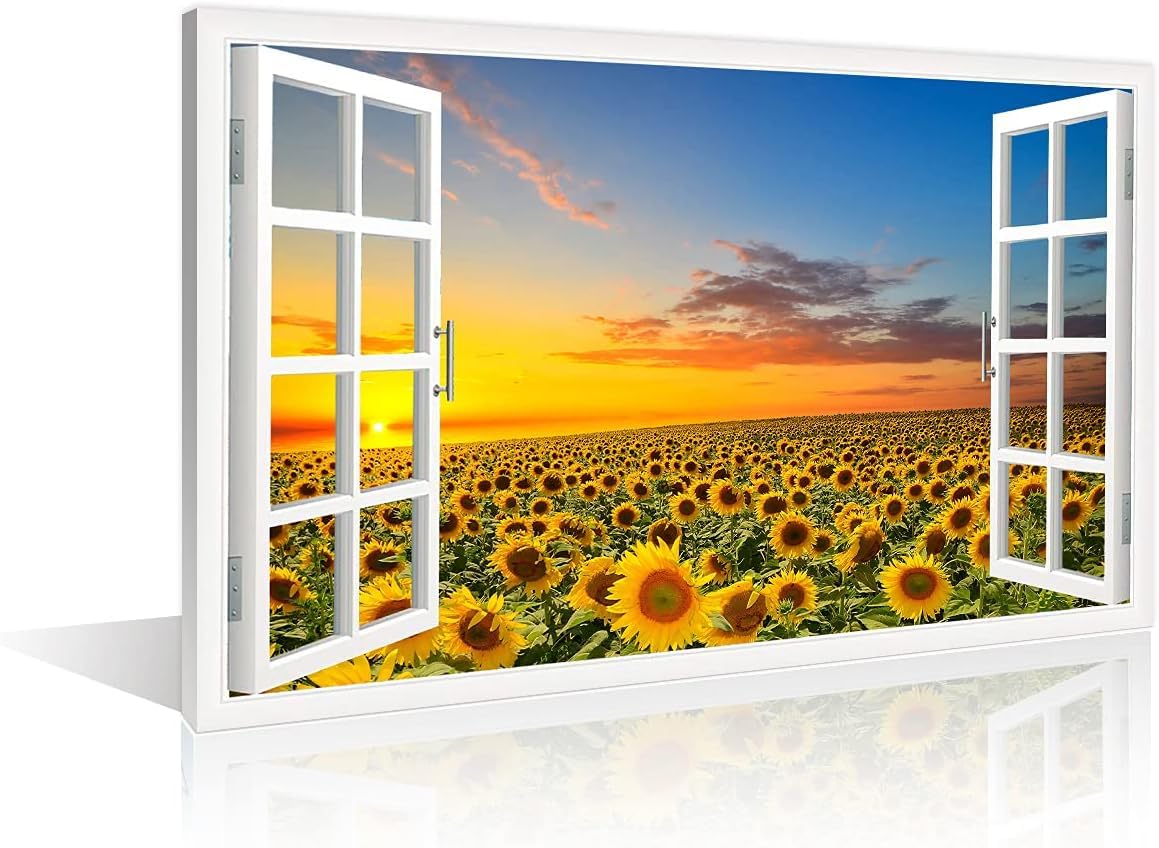 TISHIRON Wall Decorations Sunflower 3D Window View for Living Room Painting Pictures Print On Canvas Wall Art Wooden Frame Ready to Hang (36X24in)
