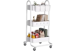 Newlemo 3-Tier Metal Rolling Cart,Utility Storage Carts with Wheels,Art Cart,Craft Cart,Small Roller Cart Organizer for Office Living Room Kitchen Bathroom Laundry (White)