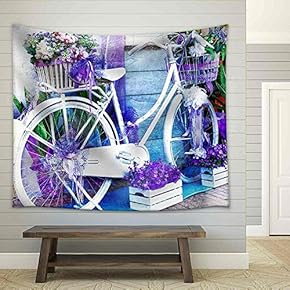 Charming Street Decoration with Bike and Flowers - Fabric Wall Tapestry Home Decor - 51x60 inches