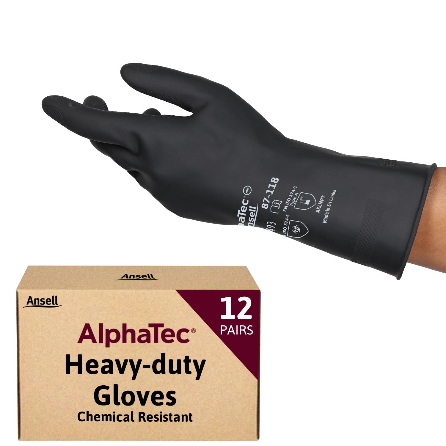 Ansell AlphaTec 87-118 Chemical Resistant Gloves in Latex, Heavy Duty Protection against Splash, Acids and Solvents, Reusable Rubber Latex Gloves, Cotton Flocked, Black, Size S (12 Pairs)