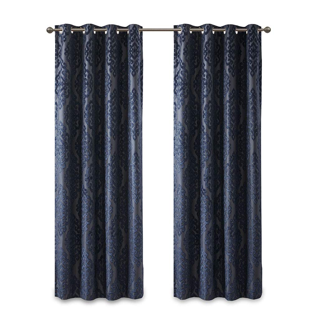 Sun Smart Mirage 100% Total Blackout Window Single Curtain, Knitted Jacquard Damask Room Darkening Curtain Panel with Grommet Top 50 x 84 in, Navy
