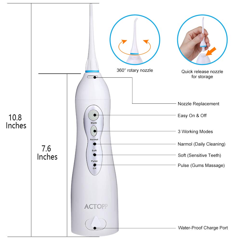 ACTOPP Portable Water Dental Flosser Waterproof Oral Irrigator 3 Modes 160ml Water Tank with 3 Jet Tips Rechargeable Cordless Water Flosser Ideal for Kids Adults Braces in Home and Travel