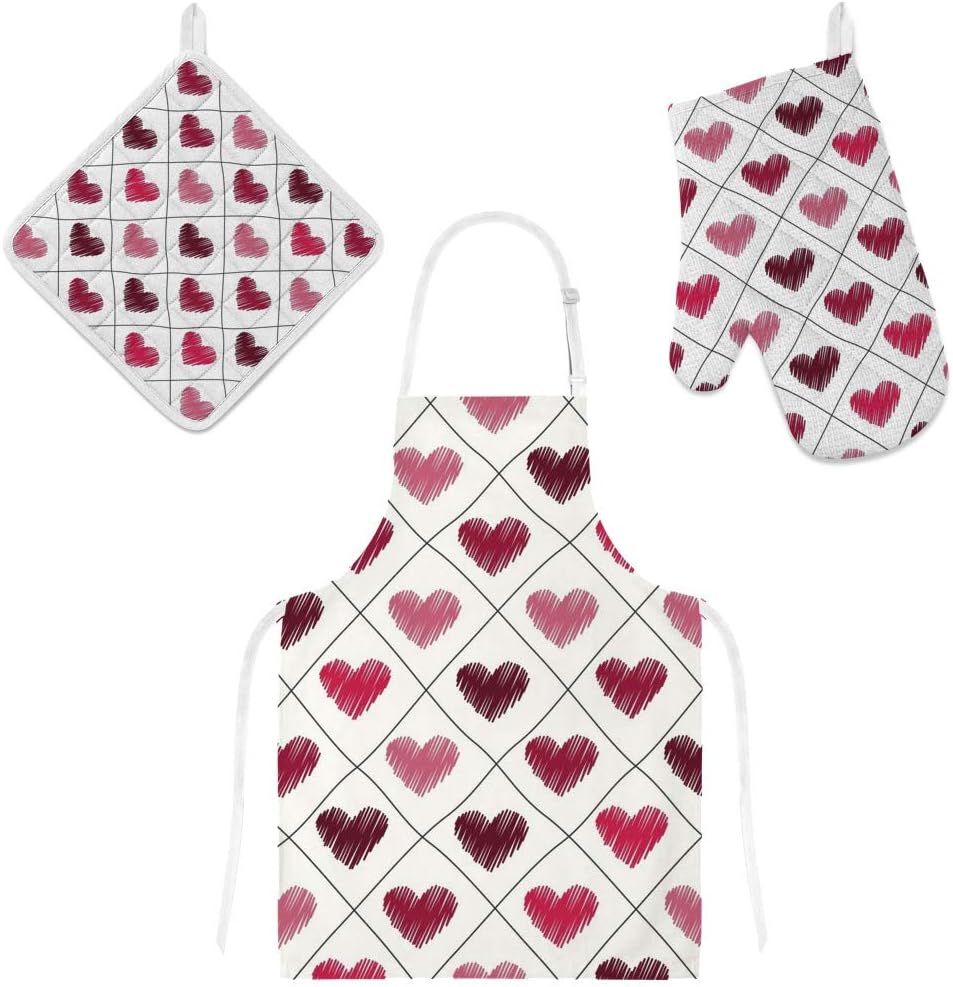 Lafle Oven Gloves Insulation Pad Apron Checkered and Heart Polyester Three-piece Heat-resistant Non-slip Restaurant Kitchen Chef Cooking BBQ Baking