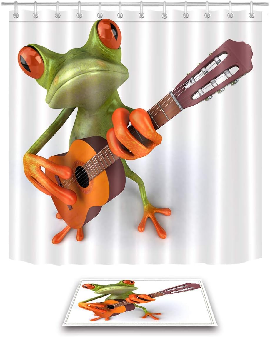 SPXUBZ Bathroom Shower Curtain and Rug Mat Set, Funny Frog Playing Guitar Music Animal Themed Great Decor Polyester Fabric Curtain with 12 Hooks Gift for Family and Friend