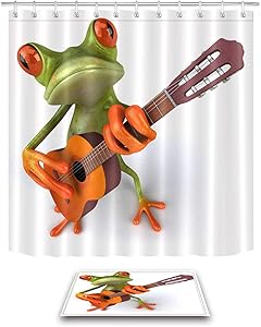 SPXUBZ Bathroom Shower Curtain and Rug Mat Set, Funny Frog Playing Guitar Music Animal Themed Great Decor Polyester Fabric Curtain with 12 Hooks Gift for Family and Friend