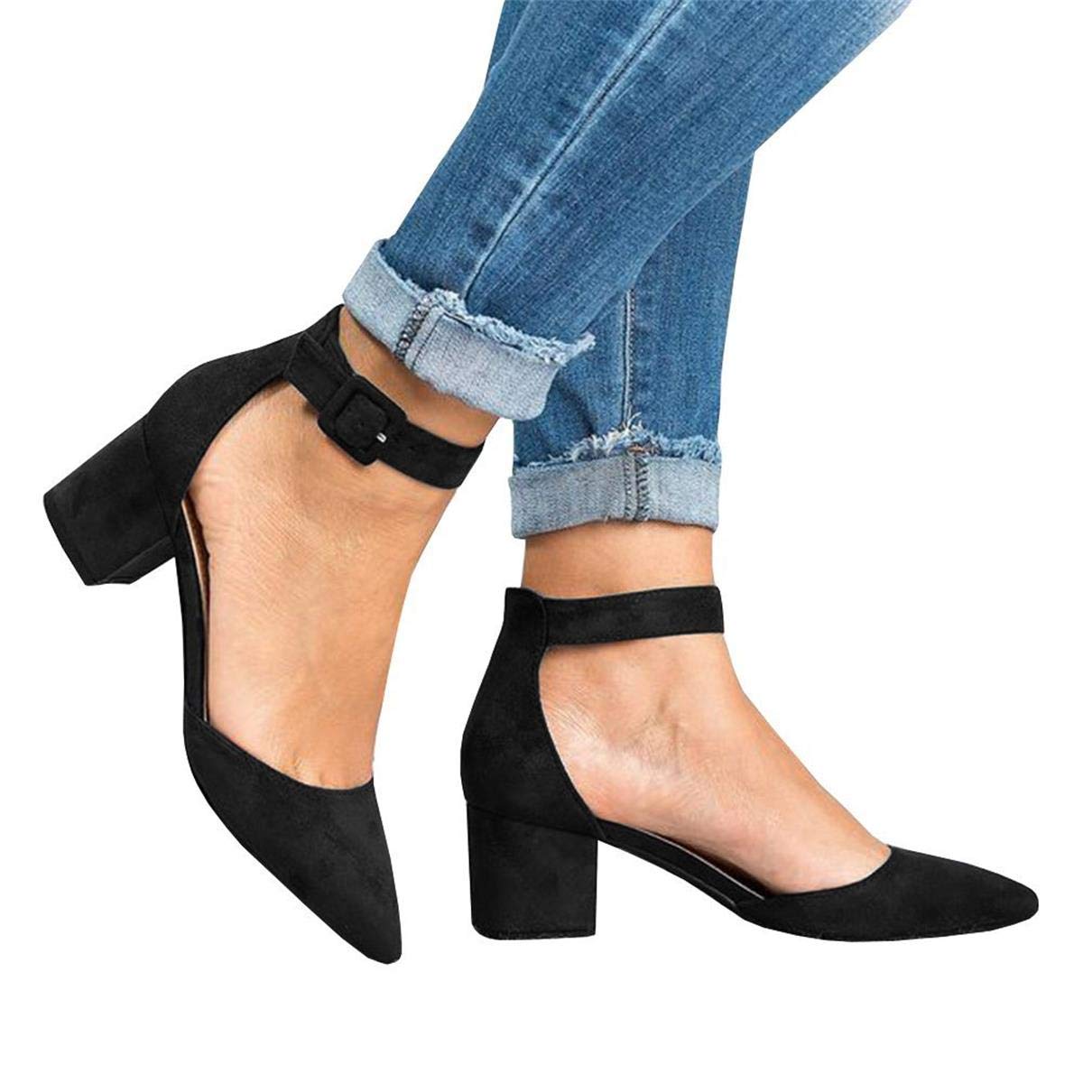 Damen Blockabsatz Mary Janes Schuhe Knöchelriemchen Wies Wildleder Pumps Mid Heel Geschlossener Zeh Sommerschuhe, Schwarz, 38 EU
