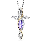Cross Necklace For Women In 925 Silver and 10K Yellow Gold with Blue Tanzanite and Lab Grown Diamond | 1.23 Cttw | Jesus Christian Religious Crucifix | Marquise 8X4MM | With 18 Inch Chain