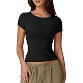 QINSEN Women's Crew Neck Short Sleeve Tees Double Lined Slim Fit T Shirt Basic Y2K Tops