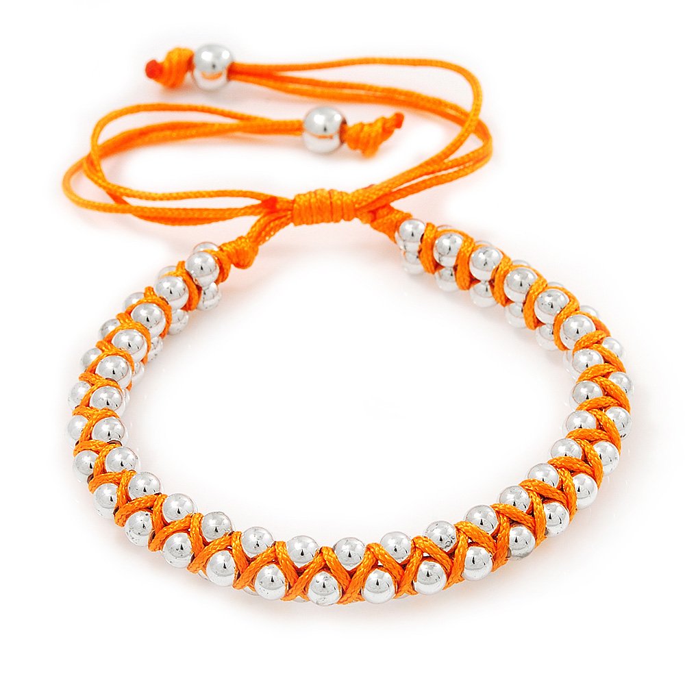 Avalaya Neon Orange Plaited Silk Cord With Acrylic Silver Tone Bead Friendship Bracelet/Adjustable