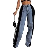 Lyaheima Women’s Stretchy Jeans with Patchwork Stripes High Waisted Loose Denim Color Block Jean Straight Leg Pants