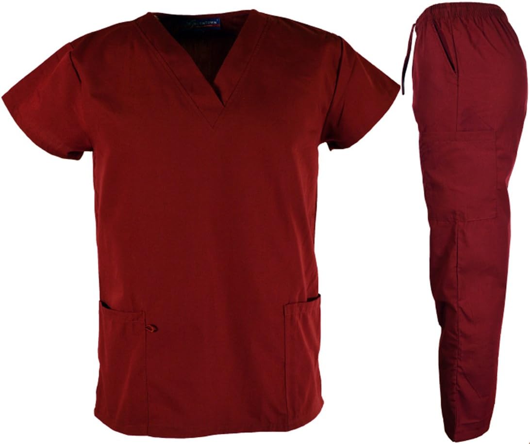 Green Town Unisex Men & Women V Neck Medical Scrubs Top and Bottom Set (XL, Wine (Burgundy))