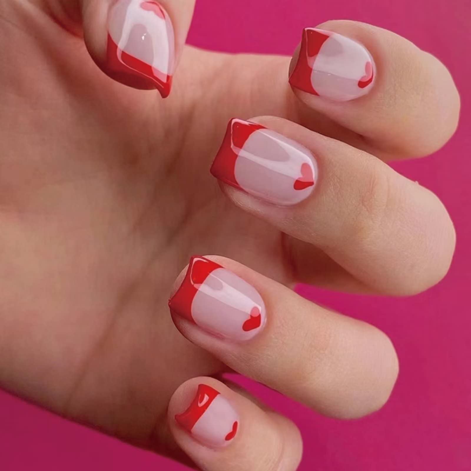 RUNRAYAY French Tip Press on Nails short, Coffin Fake Nails False Nail with Red Heart Love Design Glossy Stick on Nails for Women — image 1