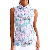Women's Sleeveless Golf and Tennis Polo Shirt, Floral Print, Blue and Pink
