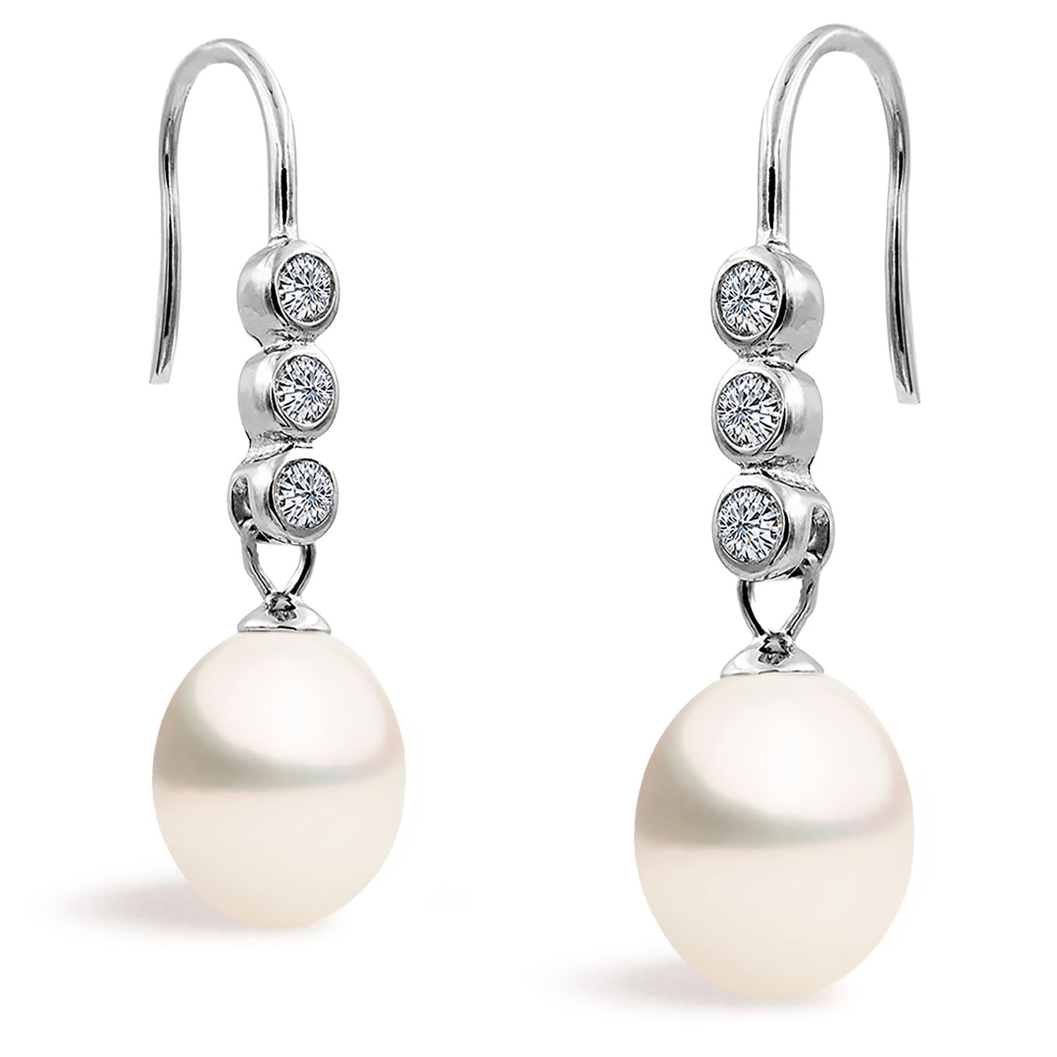 Women Pearl Earrings, Freshwater Cultured Pearls Drop Pearls 7-8 mm Sheferds Hook with three Zirconia Stones by Secret & You |Sterling Silver 925 Sheferds Hook — image 1