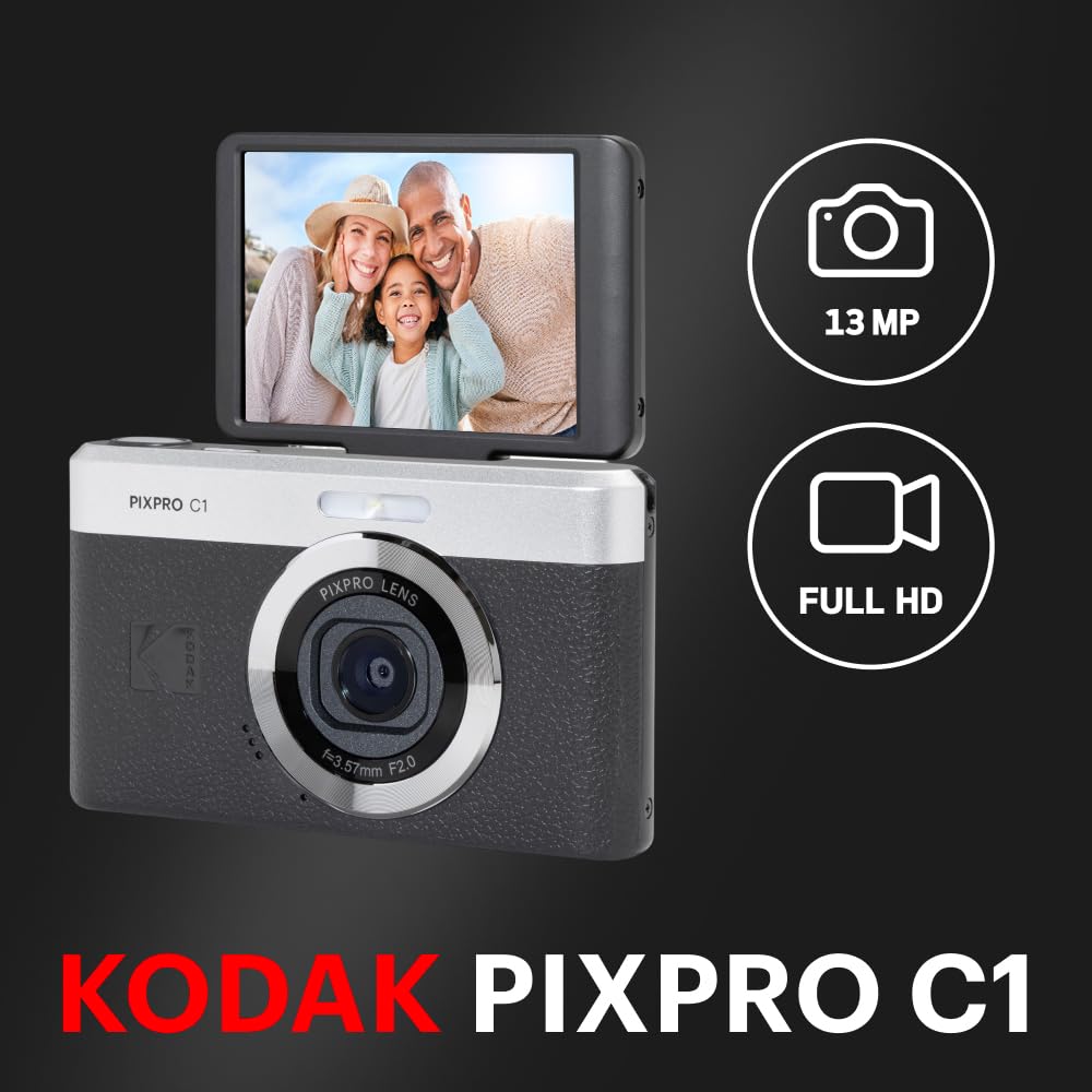 Kodak PIXPRO C1 Friendly Zoom Digital Camera - 13MP Compact Point and Shoot with 2.8” 180° Tilt LCD Flip Screen, Retro Vintage Design with 4X Zoom and 1080P Full HD Video for Travel, Vlogging, Black