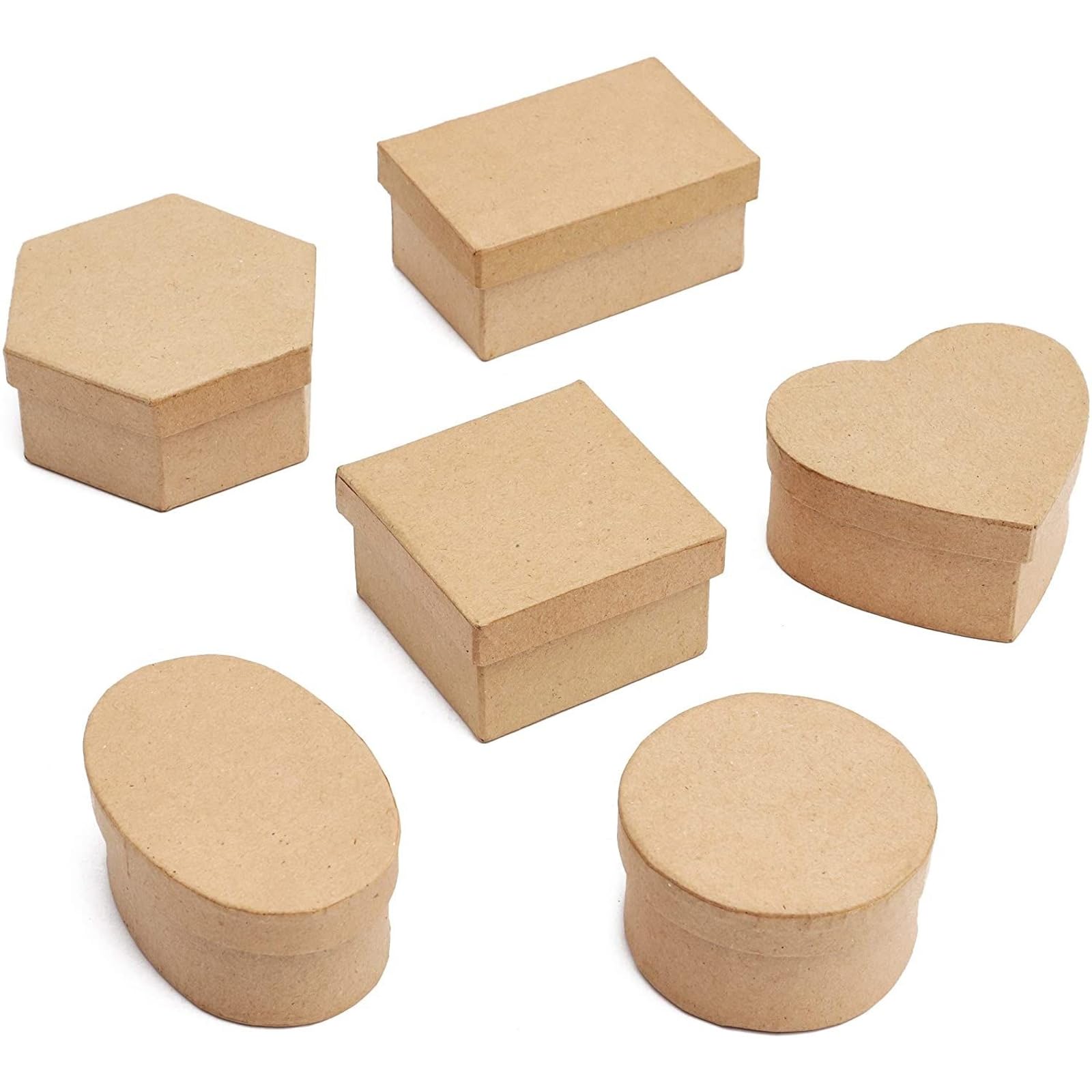 Photo 1 of Juvale 6-Pack Mini Paper Mache Boxes with Lids - Brown - 6 Shapes, 3.4 x 3 to 2.7 in Diameter - DIY Craft Storage - Paper Boxes to Decorate