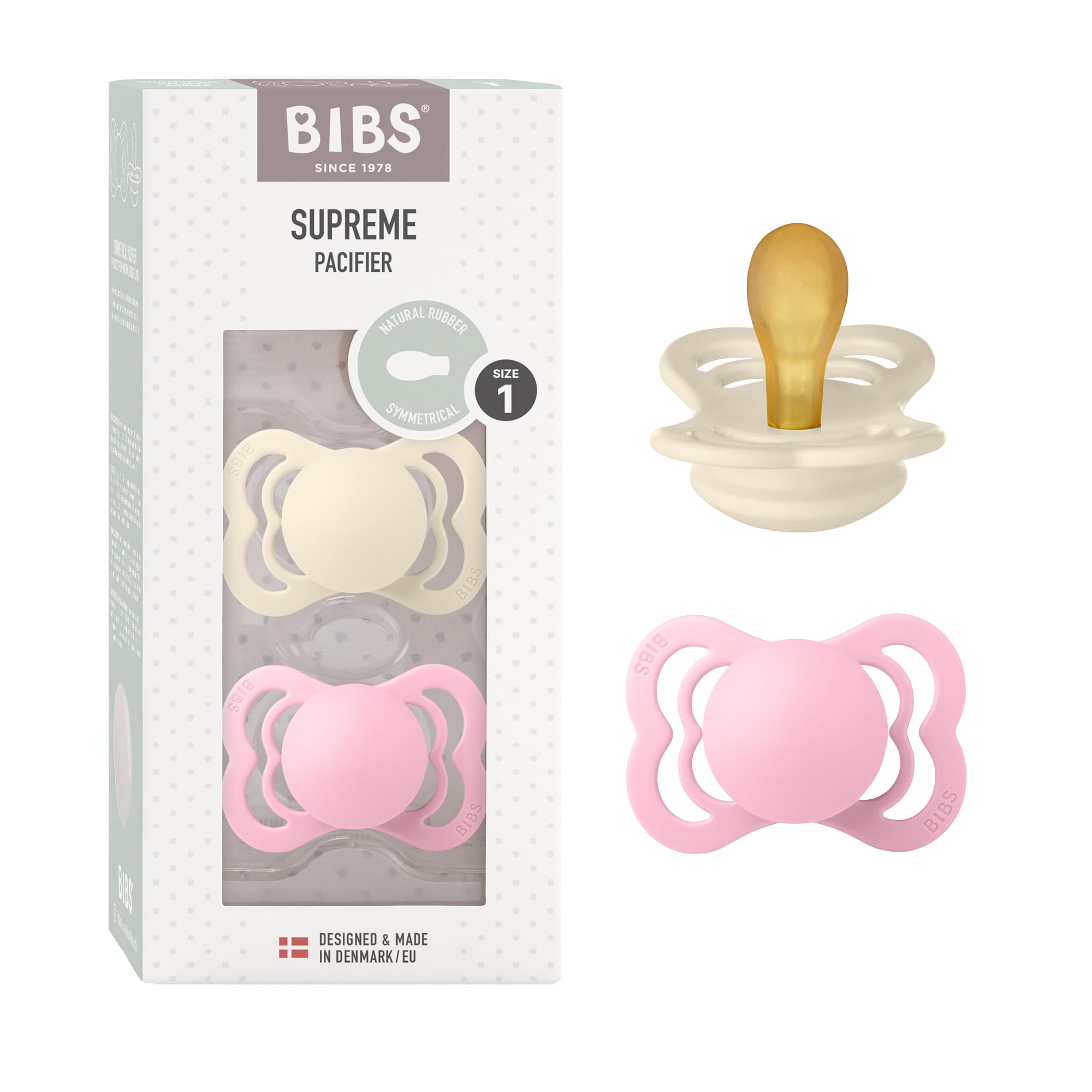 BIBS Supreme Soother 2-Pack, BPA Free Dummy Pacifier, Symmetrical Nipple. Natural Rubber Latex, Size 1 (0-6 Months), Ivory/Baby Pink