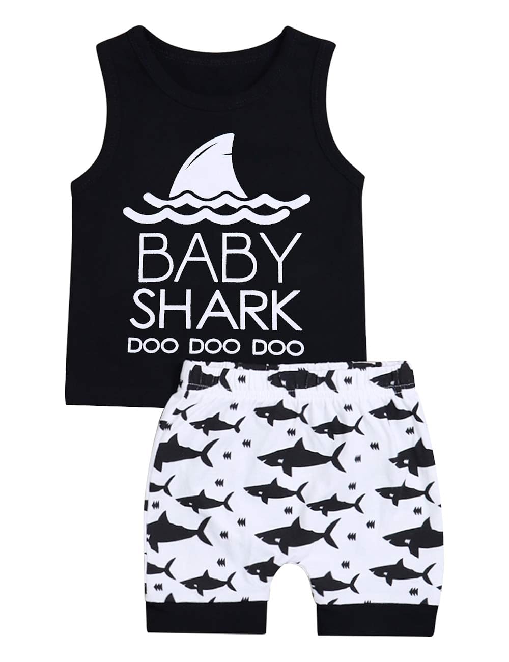 Baby Boy Girl Clothes Shark and Doo Doo Print Summer Cotton Sleeveless Outfits Set Tops and Short Pants