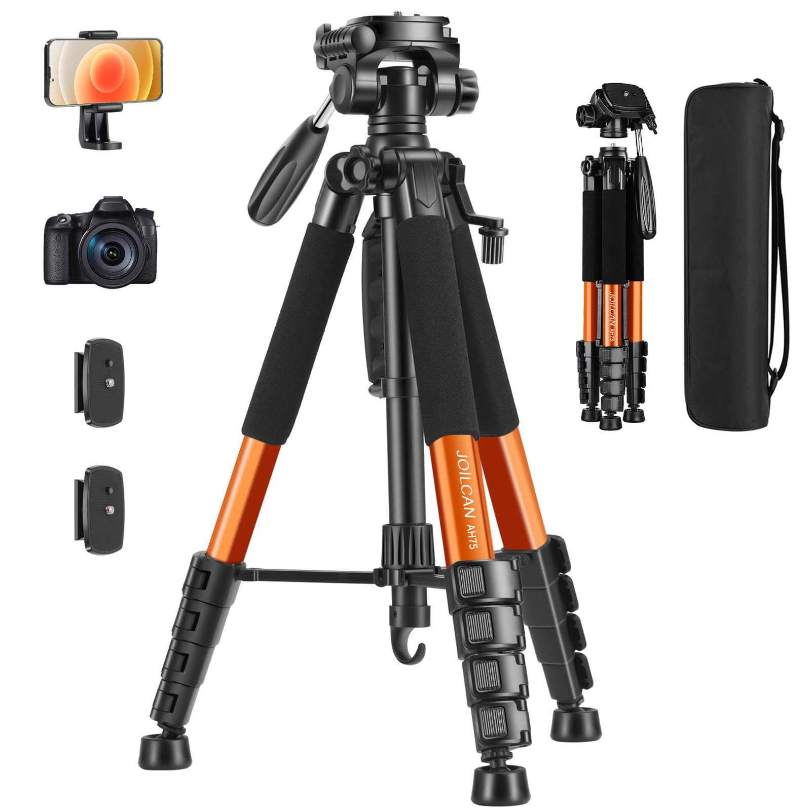 JOILCAN 74"/188cm Camera Tripod, Aluminum Outdoor Lightweight Camera Tripod Stand for DSLR/Canon/Nikon/Video Photography, Compact Travel Tripods with Phone Holder & Carry Bag, Up to 14LB, Orange