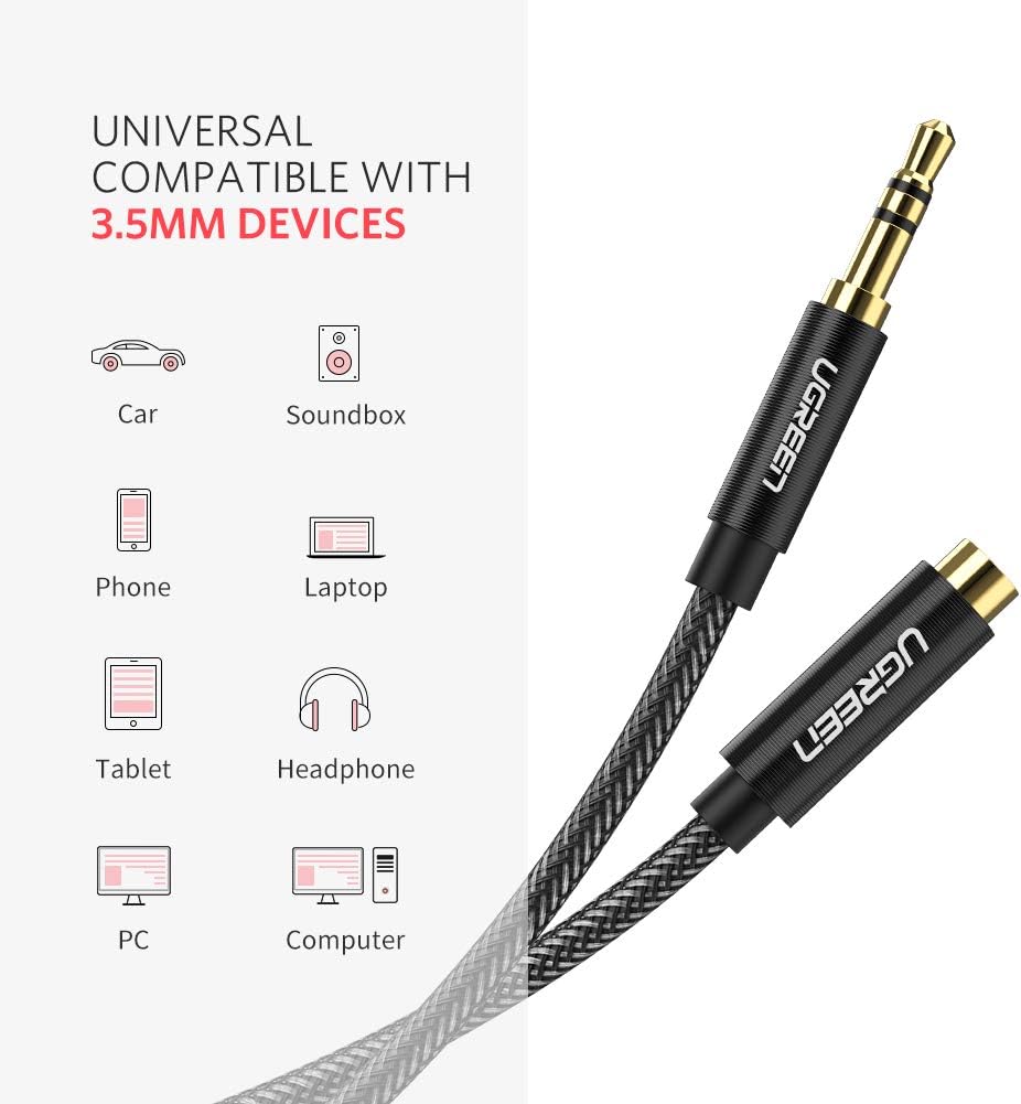 UGREEN Headphone Extension Cable, 3.5mm Audio Male to Female Stereo Extension Adapter Nylon Braided Cord Compatible for iPhone, iPad, Smartphones, Headphones, Tablets, Media Players, Gold-Plated 3FT: Electronics