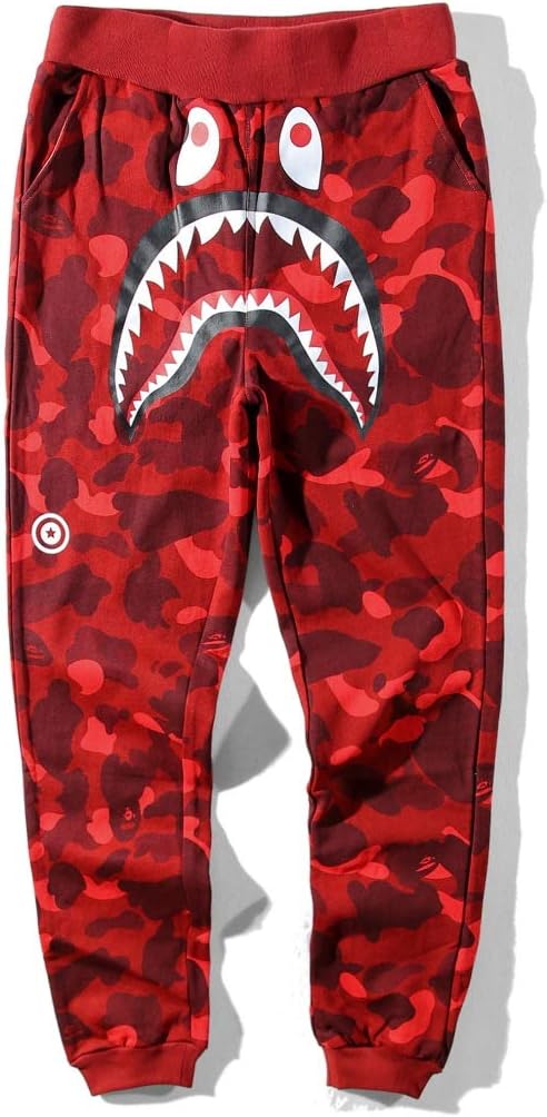 Unisex Ape Bape Camo Shark Head Trousers Casual Elastic Waist Sweatpants with Drawstring and Pockets for Mens and Womens,Red,S