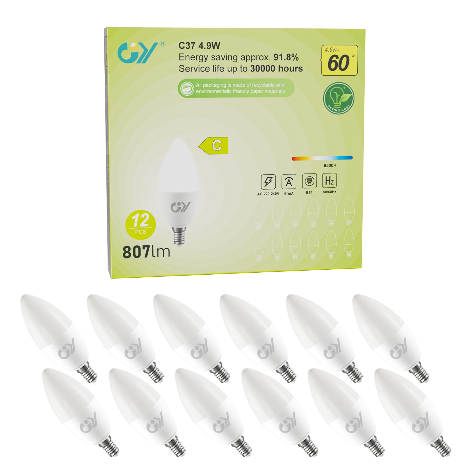 GY E14 LED Bulb Small Edison Screw SES Candle Energy Efficiency Bulb, 6500K Cool White 4.9W 807 Lumens,Equivalent to 60W, 280° Beam Angle Non-Dimmable, Pack of 12
