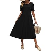 Zeagoo Womens Summer Dress Casual Midi Dresses 2026 Short Puff Sleeve Flare Dress Pleated Flowy Sundress with Pockets