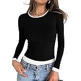 Cicy Bell Womens Long Sleeve Tops Patchwork Crewneck Slim Fit Shirts Going Out Casual Fall Basic Tees