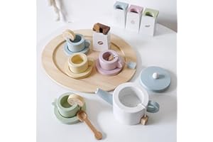 QUANQUER Wooden Tea Set for Little Girls - 20Pcs Tea Party Toys Set - Toddler Play Kitchen Accessories Play Food Toy for Kids Boys Girls