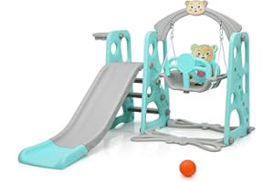 HOMGX 4 in 1 Kids Slide and Swing Set, Toddler Climber Playset w/Basketball Hoop & Ball, Indoor Outdoor Children Game Set w/Climb Stairs, Backyard Long for Boy Girl (Green) (TY327968)