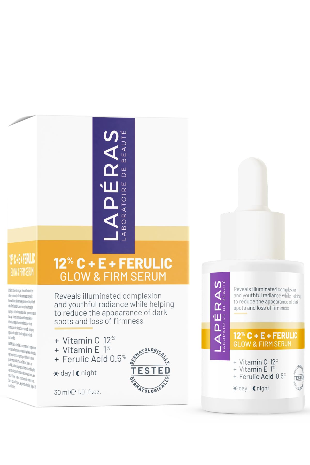 Lapéras 12% Vitamin C E Ferulic Acid Glow and Firm Face Serum, Anti Dark Spot Smoothing and Brightening Moisturizing, 30 ml