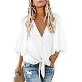 luvamia Women's Casual V Neck Tops 3/4 Sleeve Tie Knot Blouses Solid Button Down Shirts