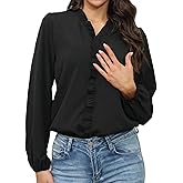 Women Blouses Ruffled V Neck Long Sleeve Shirt Solid Dressy Tops