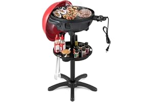 Giantex Electric Grill Outdoor, 1200W Electric BBQ Grills Outdoor Cooking with Lid & Thermometer, Nonstick Griddle, Drip Tray, 2-in-1 Freestanding & Tabletop Grill for Apartments Backyard Party, Red