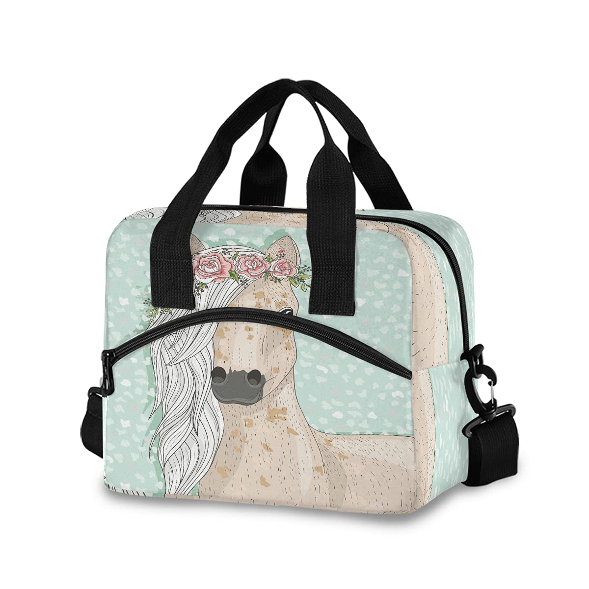 Horse with Flowers Fairytale Lunch Bag for Kids Insulated Cooler Lunch Box Large Capacity Lunch Organizer for Boys Girls