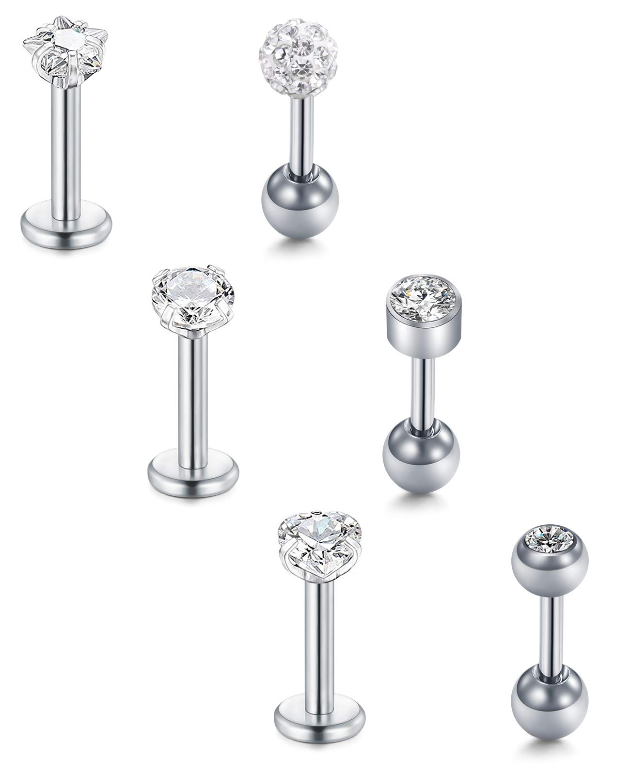 Briana Williams 6pcs Lip Labret Bars Stud Tragus Earrings Set 6mm 16G Helix Piercing Stainless Steel CZ Diamond