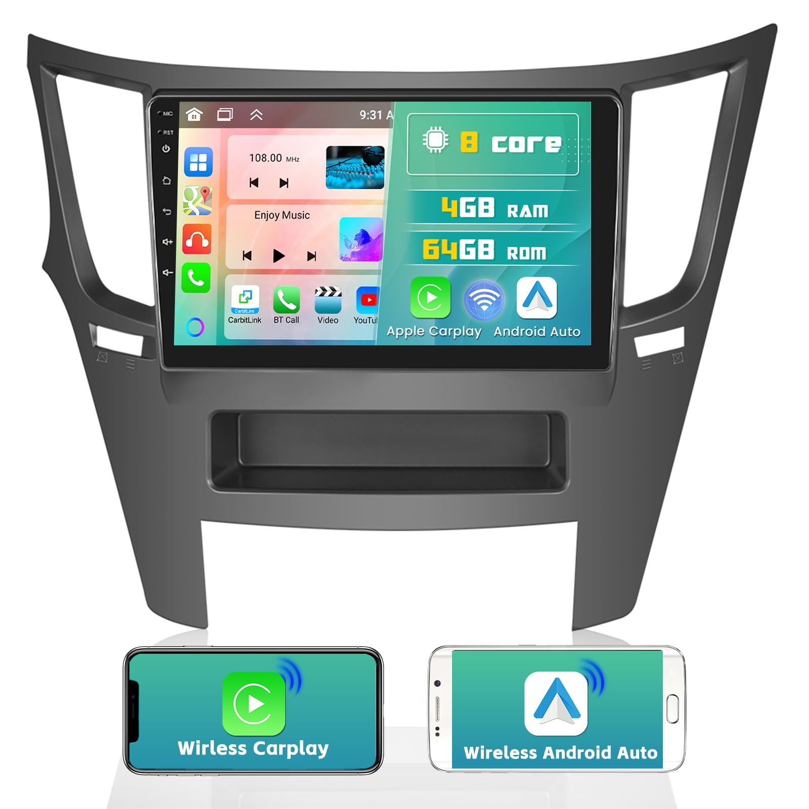 Photo 1 of [8-Core 4+64G] Hikity Android 15 Car Stereo for Subaru Outback Legacy 2010-2014 Wireless Carplay Android Auto, 9" Touchscreen Radio GPS 5G WiFi Bluetooth Mirror Link FM/RDS/32EQ/DSP SWC Backup Cam