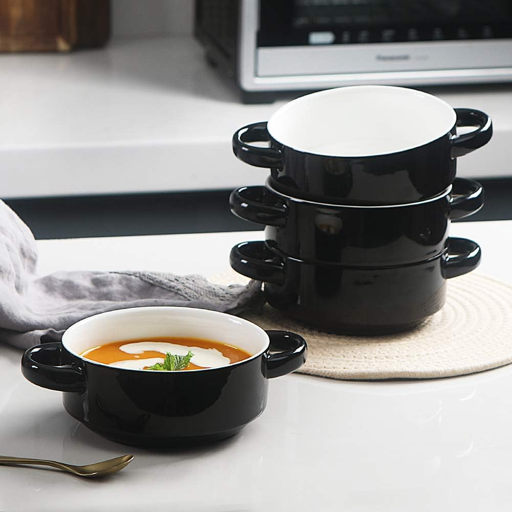  | SWEEJAR Ceramic Soup Bowl with Double Handles, 20 Oz Stacked Bowls for French Onion Soup, Cereal, Pot Pies, Stew, Chill, Pasta, Set of 4 (Black): Soup Bowls