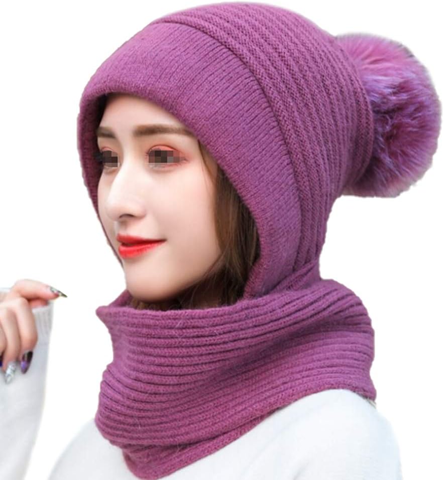 CHIRORO 2 in 1 Women Winter Hooded Scarf Warm Knitted Beanie Hat with Pompom Windproof Soft Neck Warmer for Oudoor Activities,Purple