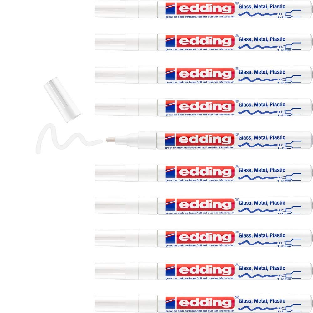 edding 751 gloss paint marker - white - 10 paint markers - round tip 1-2 mm - paint pen for glass, pebbles, wood, plastic, paper - waterproof, high coverage