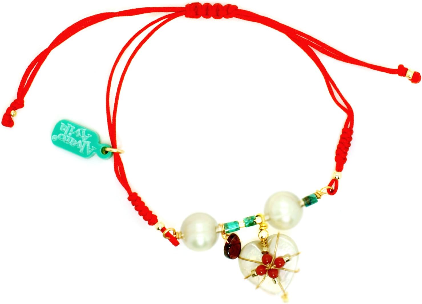 Alvaro Avila Natural Stone Knotted String Bracelet With Heart Charm: Red
