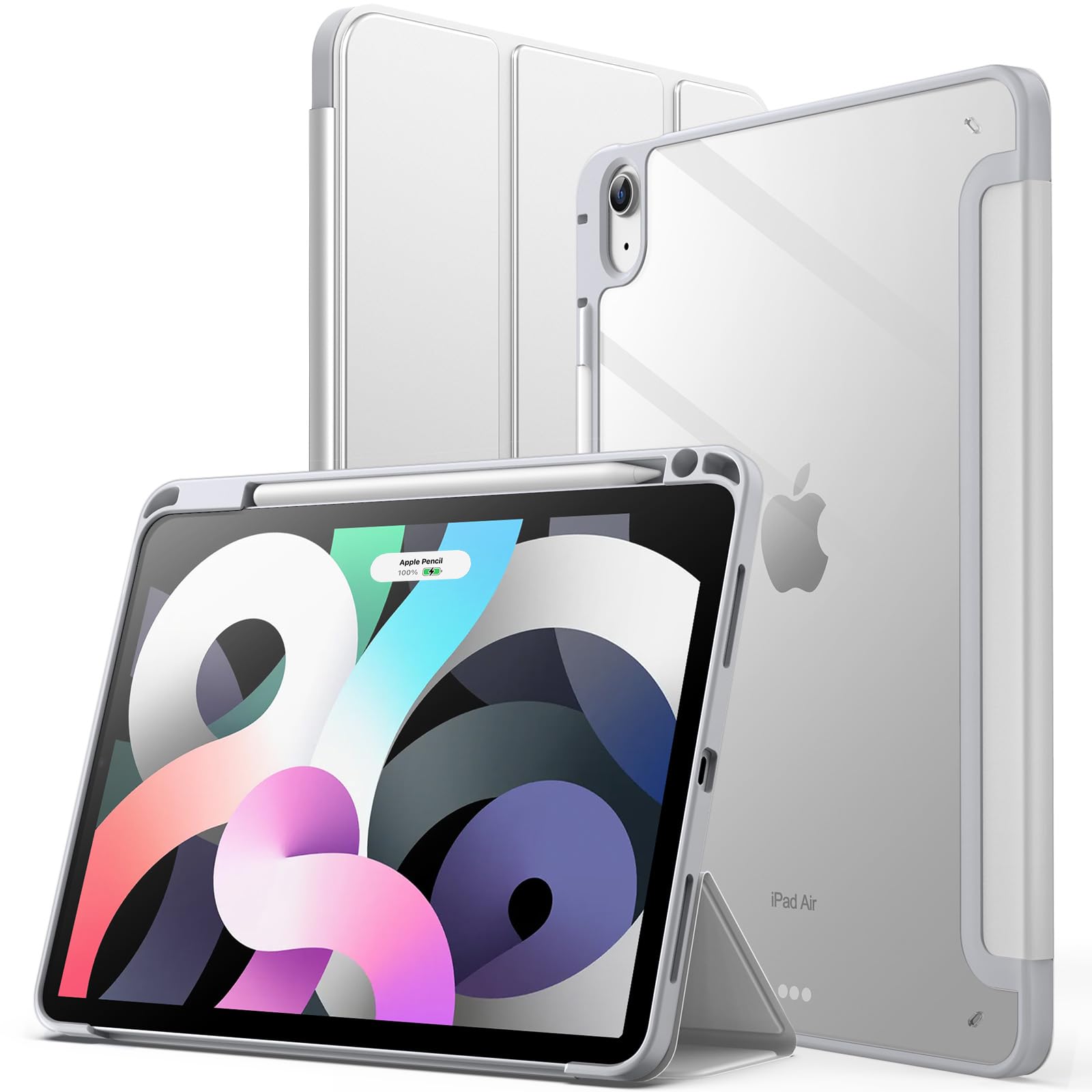 JETech Case ONLY for iPad Air 11-Inch M4/M3/M2 (2026/2025/2024), iPad Air 5/4 (2022/2020 5th/4th) with Pencil Holder, Clear Transparent Back Slim Stand Shockproof Tablet Cover (Silver) — image 1