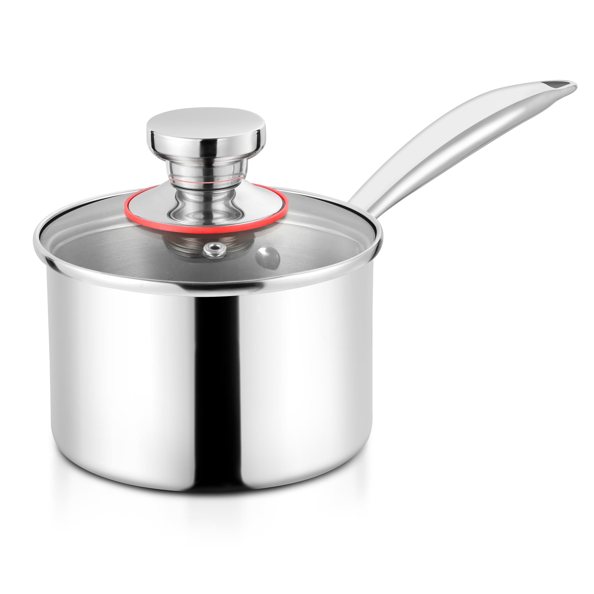 Herogo Stainless Steel Saucepan 18cm, 2.4L Sauce Pan with Glass Lid, Triple-Layer Milk Pan, Ergonomic Handle, Induction Cooking, Easy to Clean