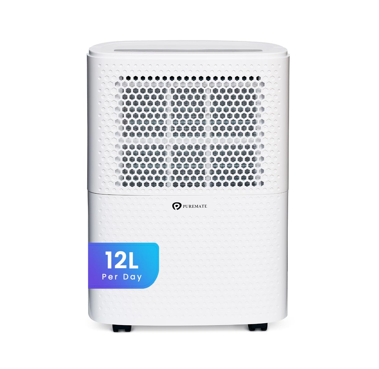 PureMate 12L/Day Dehumidifier with Air Purifier, Digital Humidity Display, 12 Litre, Continuous Drainage with Drainage Hose and 24Hr Timer - For Home & Office, Damp, Mould Control, Laundry Drying