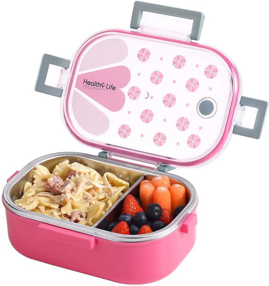Lunch Box Containers 2 Compartments with Removable Divider, Leakproof Portion Control Stainless Steel Bento Boxes for Adults, Kids, School, Office, BPA Free (Rectangle, Pink)