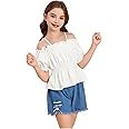 WDIRARA Girls Cold Shoulder Top Cute Ruffle Trim Puff Sleeve Shirt Casual School Holiday Peplum Blouse