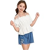 WDIRARA Girls Cold Shoulder Top Cute Ruffle Trim Puff Sleeve Shirt Casual School Holiday Peplum Blouse