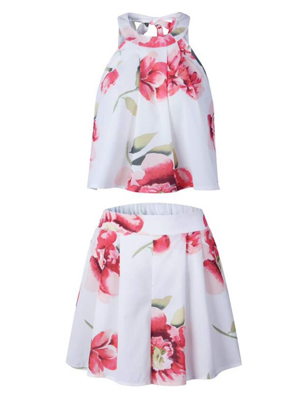 Women\'s Floral Printed Summer Dress Romper Boho Playsuit Jumpsuits Beach 2 Piece Outfits Top with Shorts White